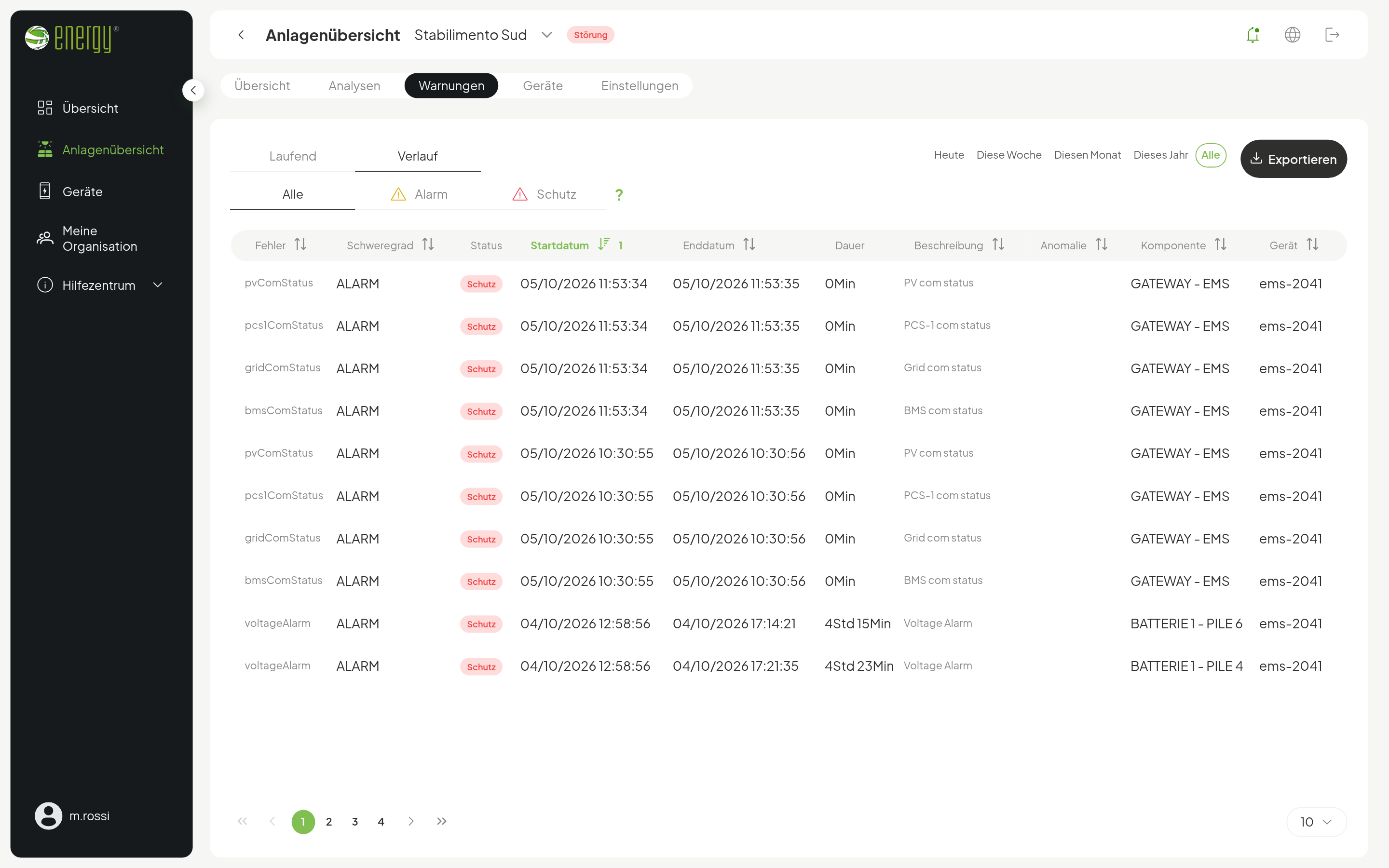 Alarmverlauf einer XL-Anlage: Filter nach Status und Art, Zeitraum, Export und Details jedes Ereignisses