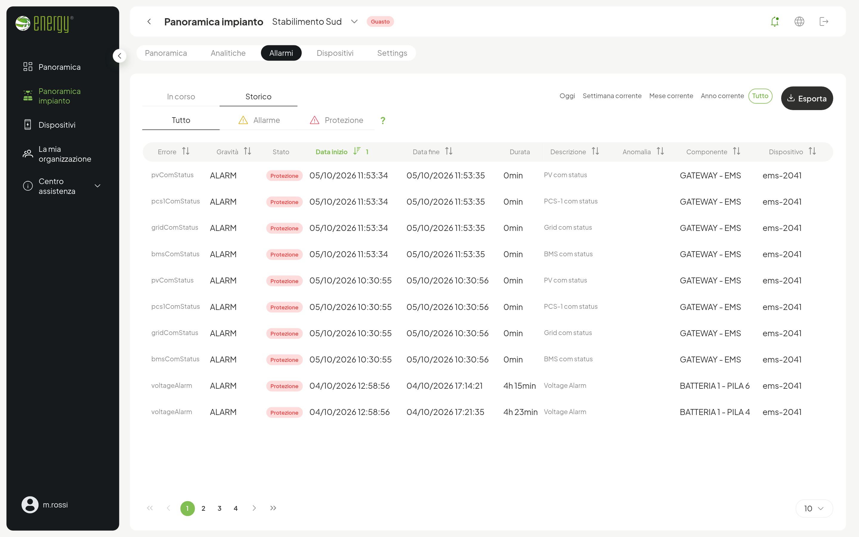 Storico degli allarmi di un impianto XL: filtri per stato e tipo, periodo, esportazione e dettaglio di ogni evento
